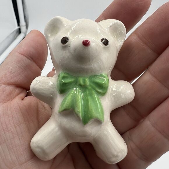 Rare Vintage Macrame Ceramic Bead Baby Bear Green Bow Figurine Stuffy Lovie - Picture 3 of 6